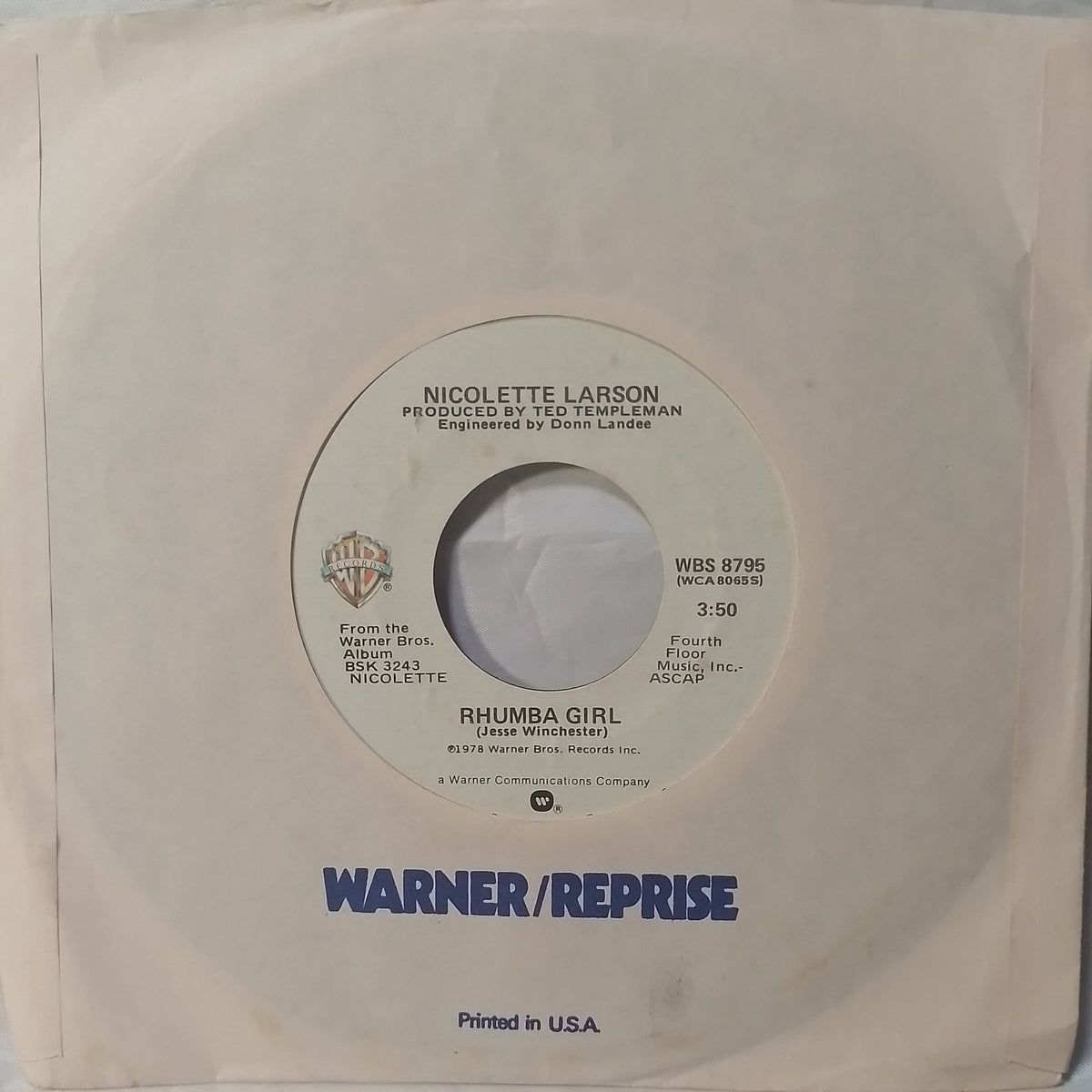 single 7" Nicolette Larson Rhumba Girl / Last In Love made usa 1978 con funda original pop rock