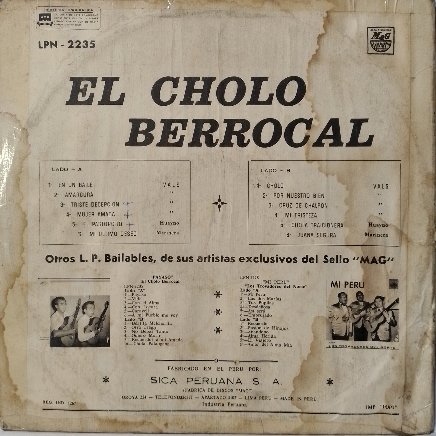 lp El Cholo Berrocal El Pastorcito made peru 1966 huayno folk