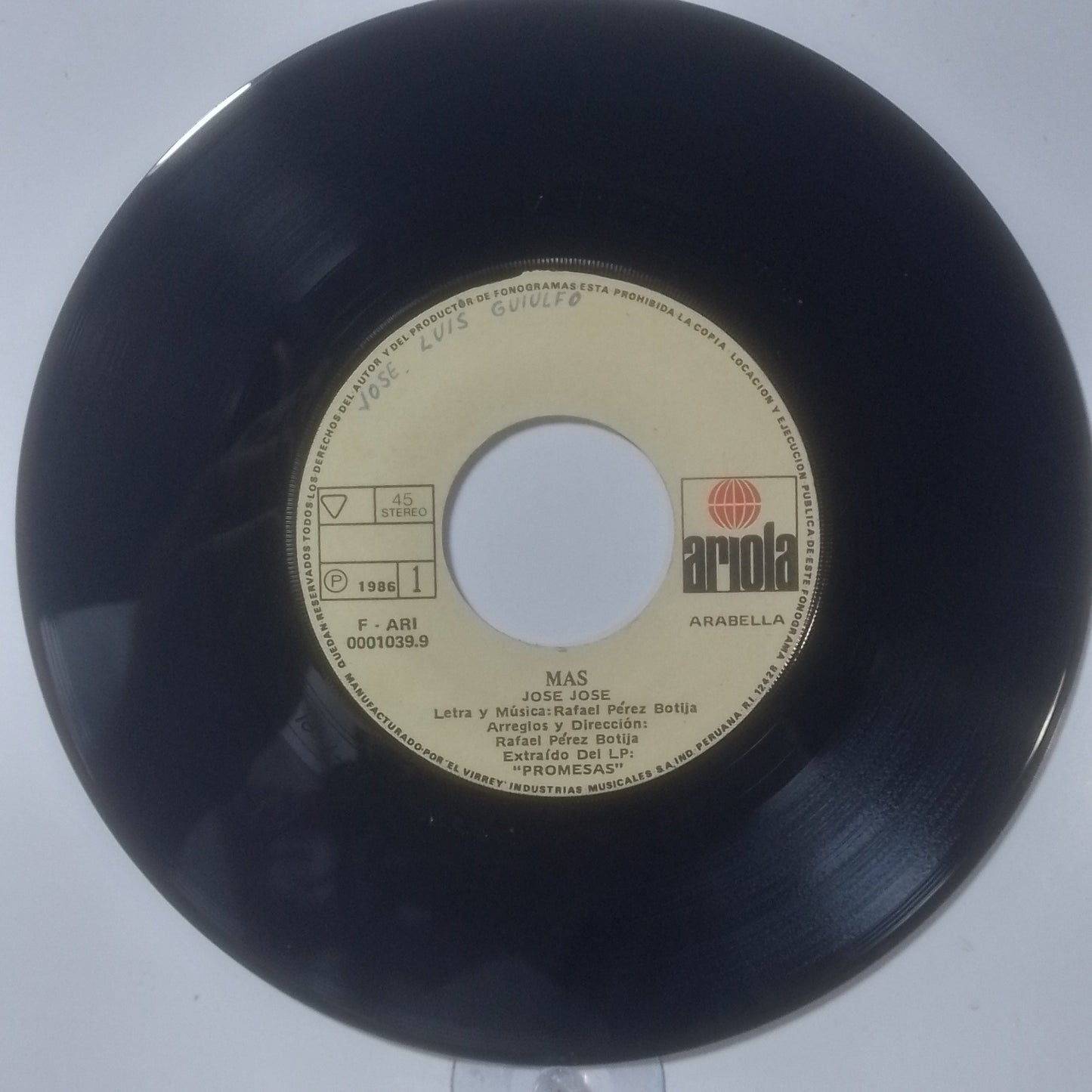 single 7" Jose Jose Mas / Lastima made peru 1986 balada latin