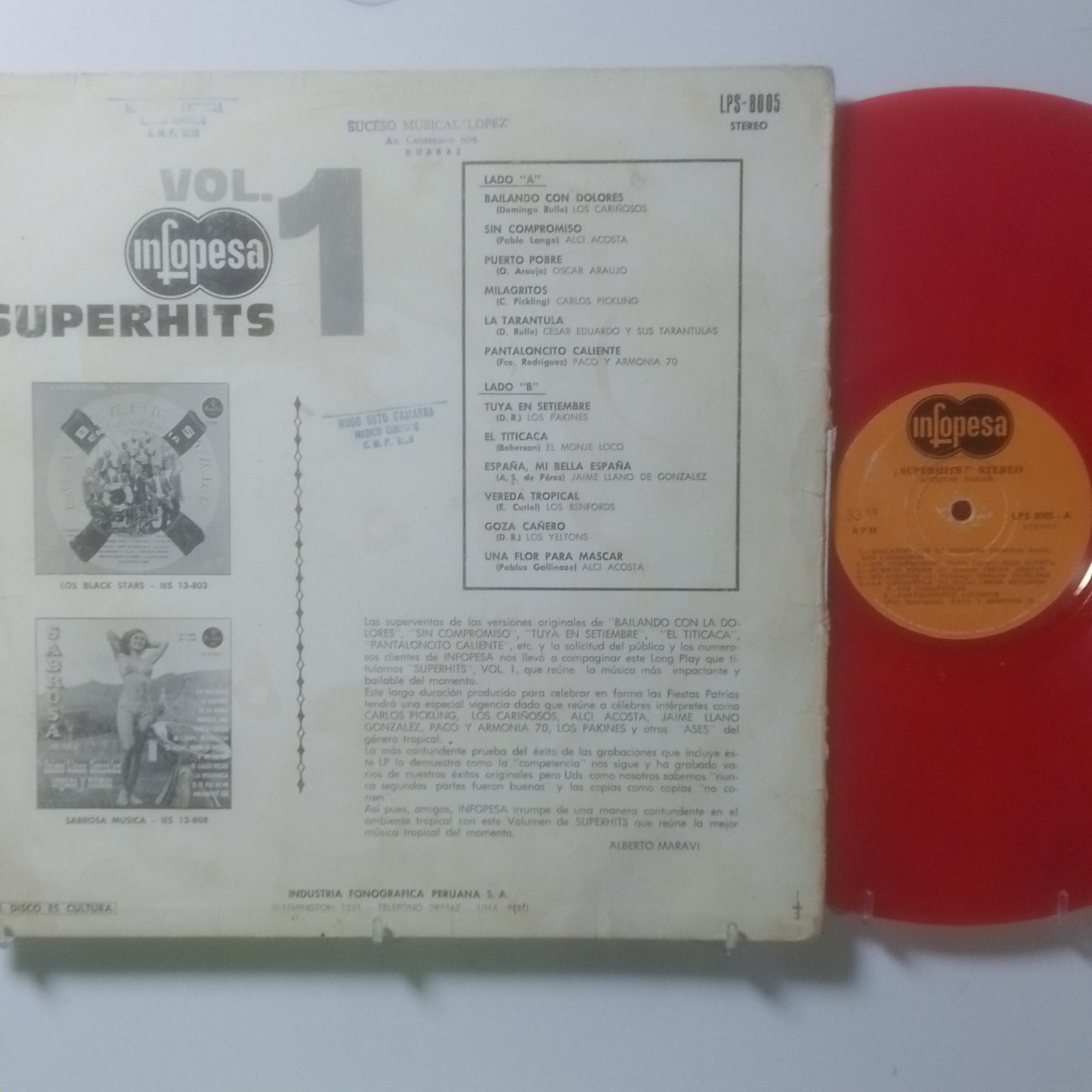 lp superhits infopesa vol 1 los cariñosos los benfords los yeltons varios made peru 1977 vinyl color rojo latin cumbia