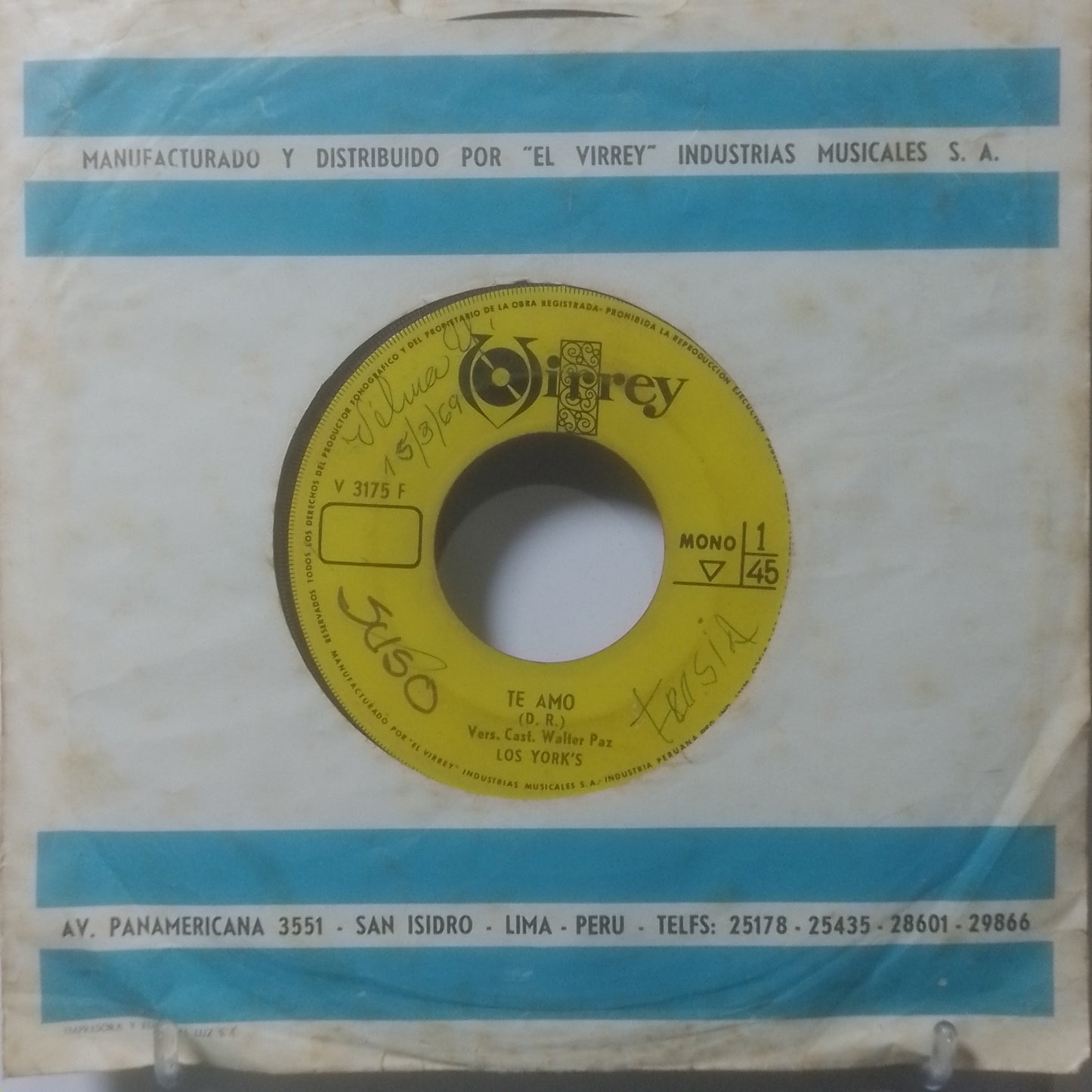 single 7" Los York's Te Amo / Sussie "Q" made Peru 1969 con funda original latin rock