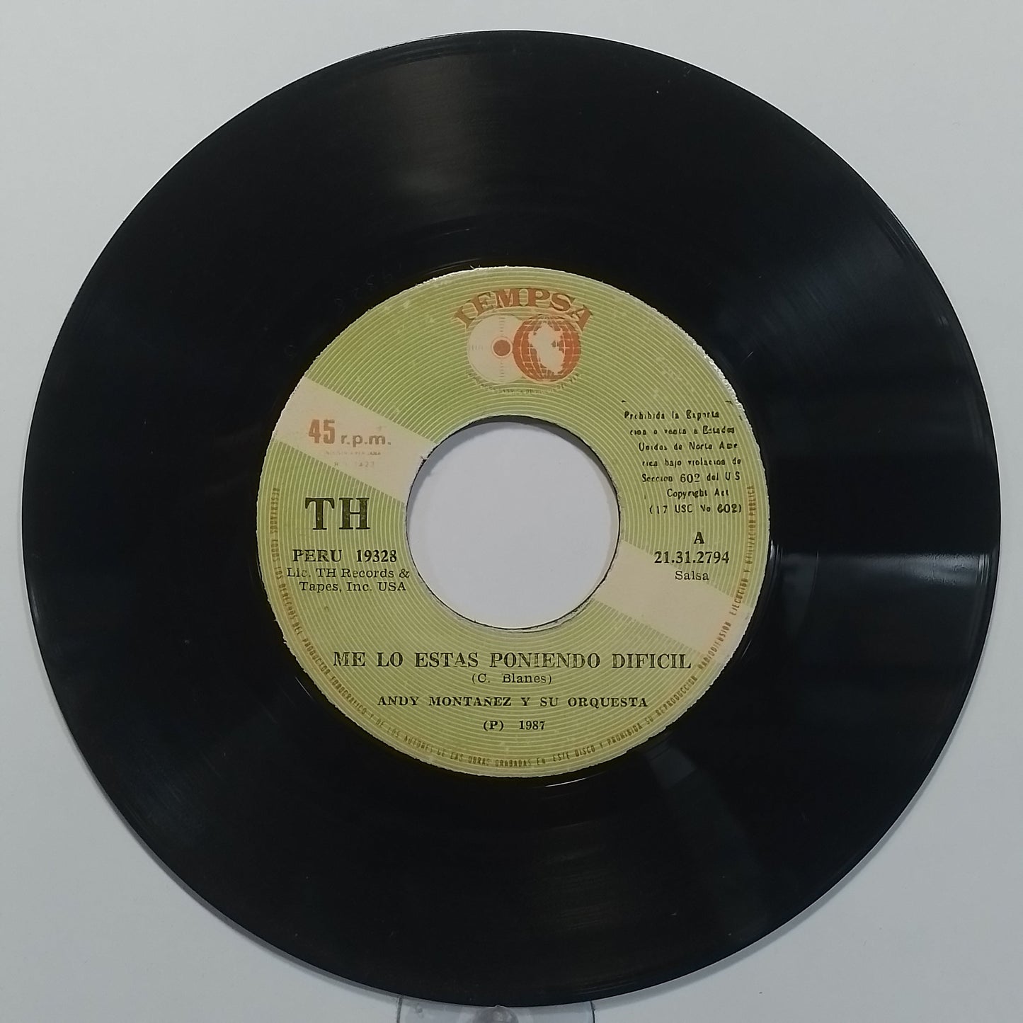 single 7" Andy Montañez Me Lo Estas Poniendo Dificil / El Benjamin made peru 1987 salsa