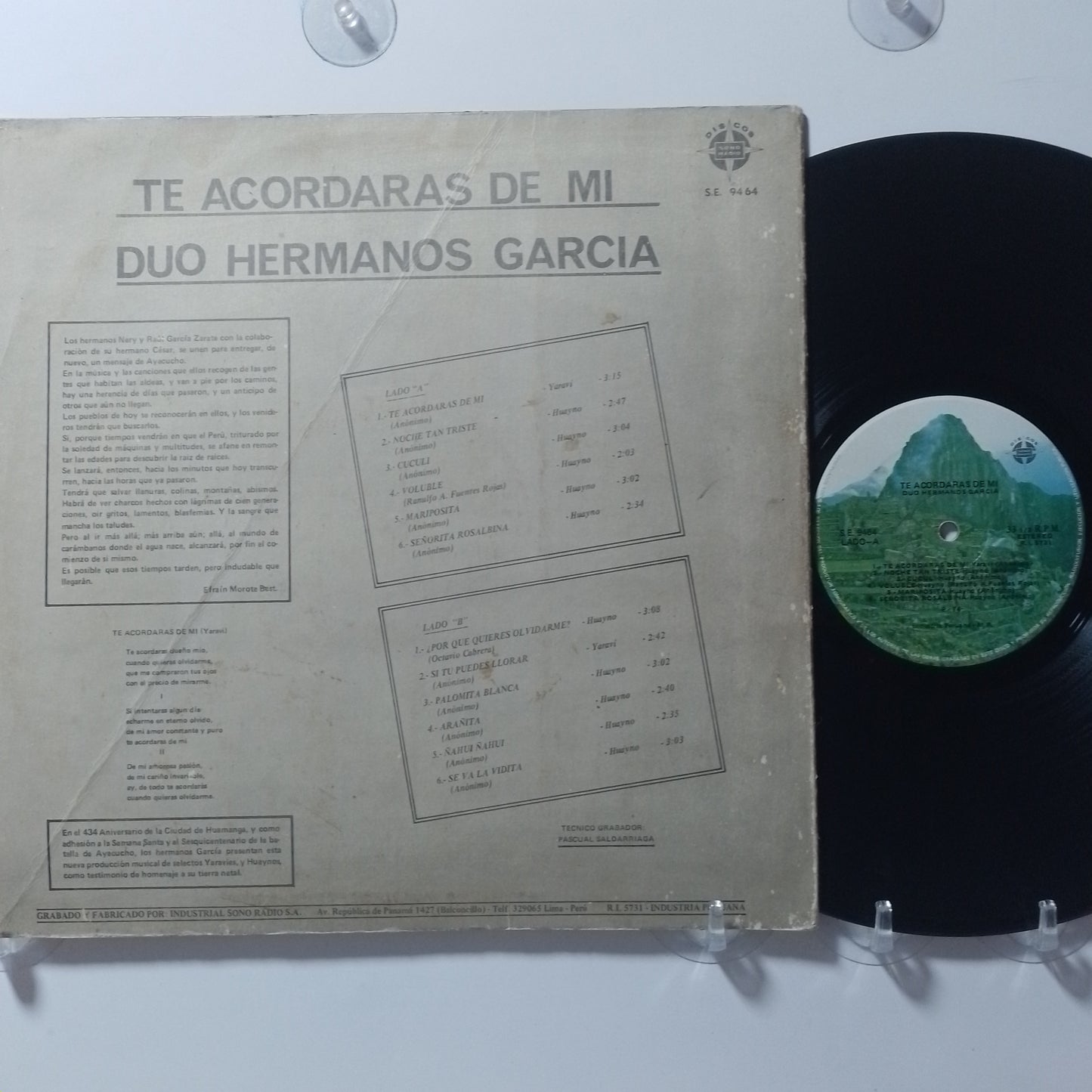 lp Duo Hermanos Garcia zarate Te Acordaras De Mi made peru 1974 andean folk