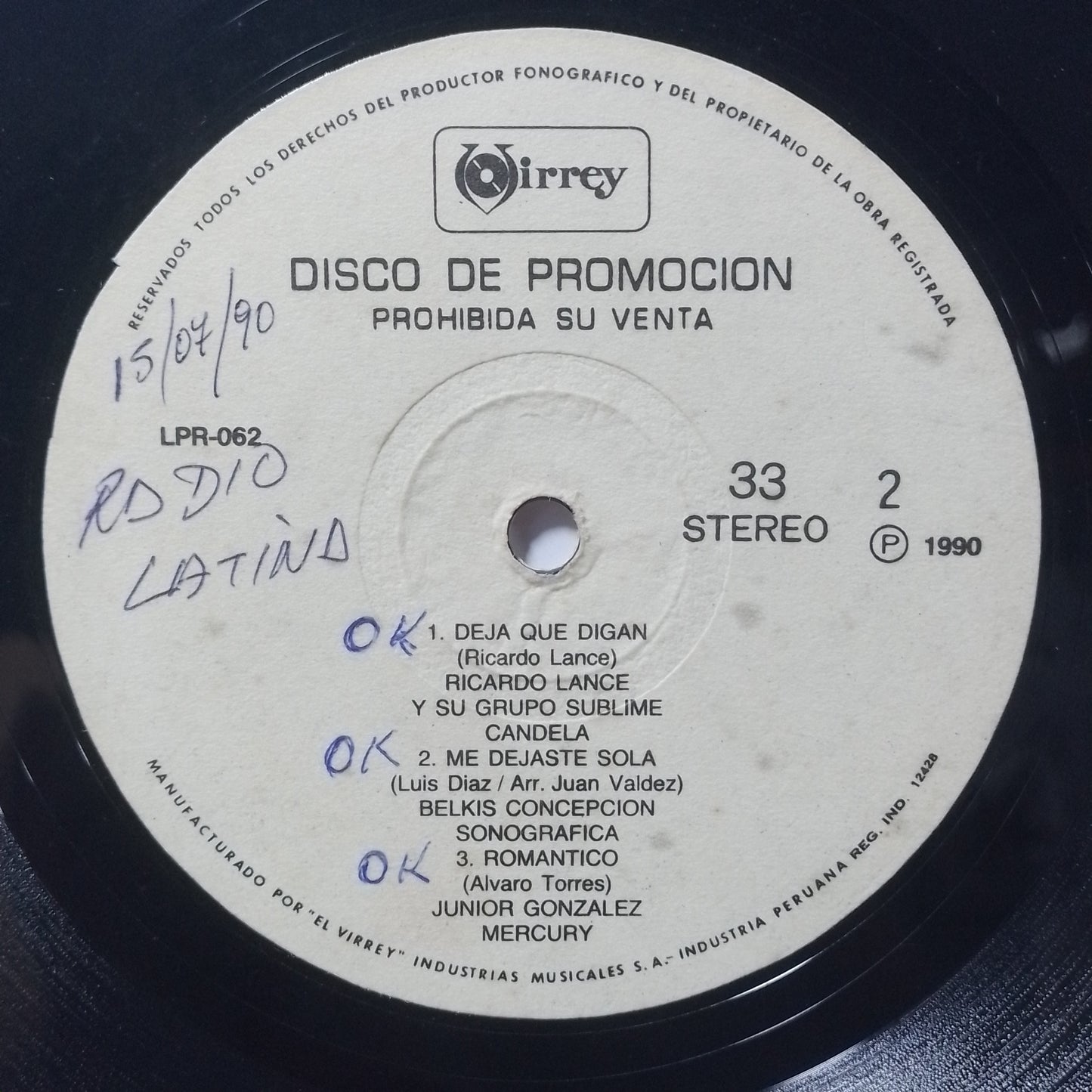 lp Disco De Promocion virrey LPR-062 los titanes bobby valentin ricardo lance varios made peru 1990 promocional salsa merengue latin