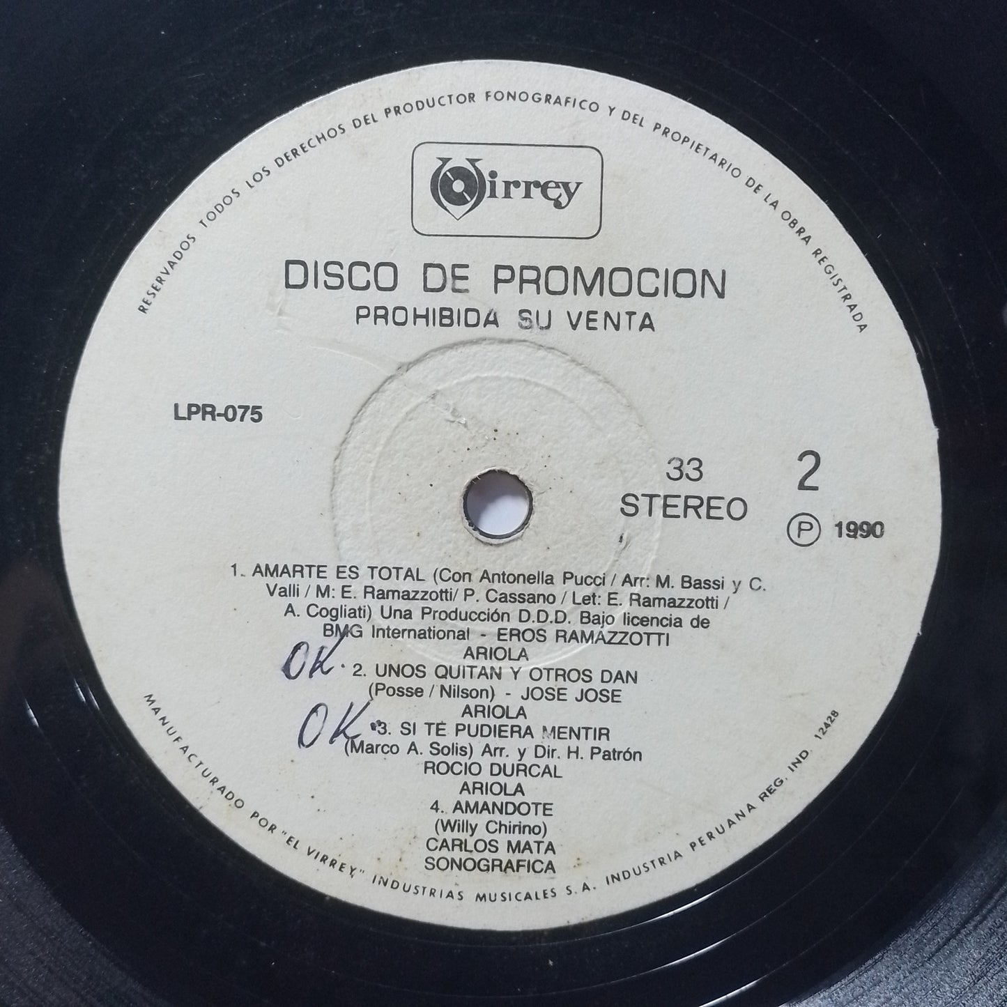 lp Disco De Promocion virrey LPR-075 jose jose eros ramazzotti rudy la scala varios made peru 1990 promocional latin pop