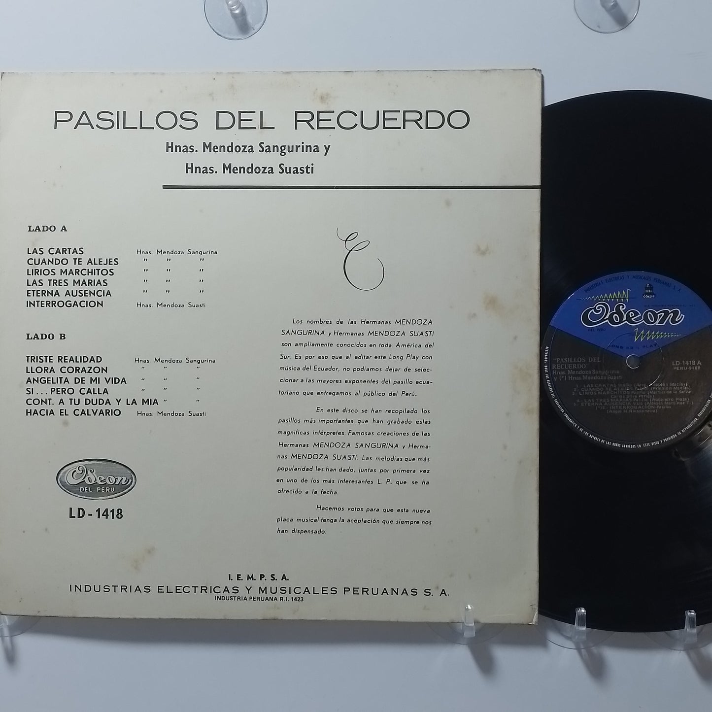 lp Pasillos Del Recuerdo Hnas Mendoza Sangurima Y Hnas Mendoza Suasti made peru 1964 latin pasillo