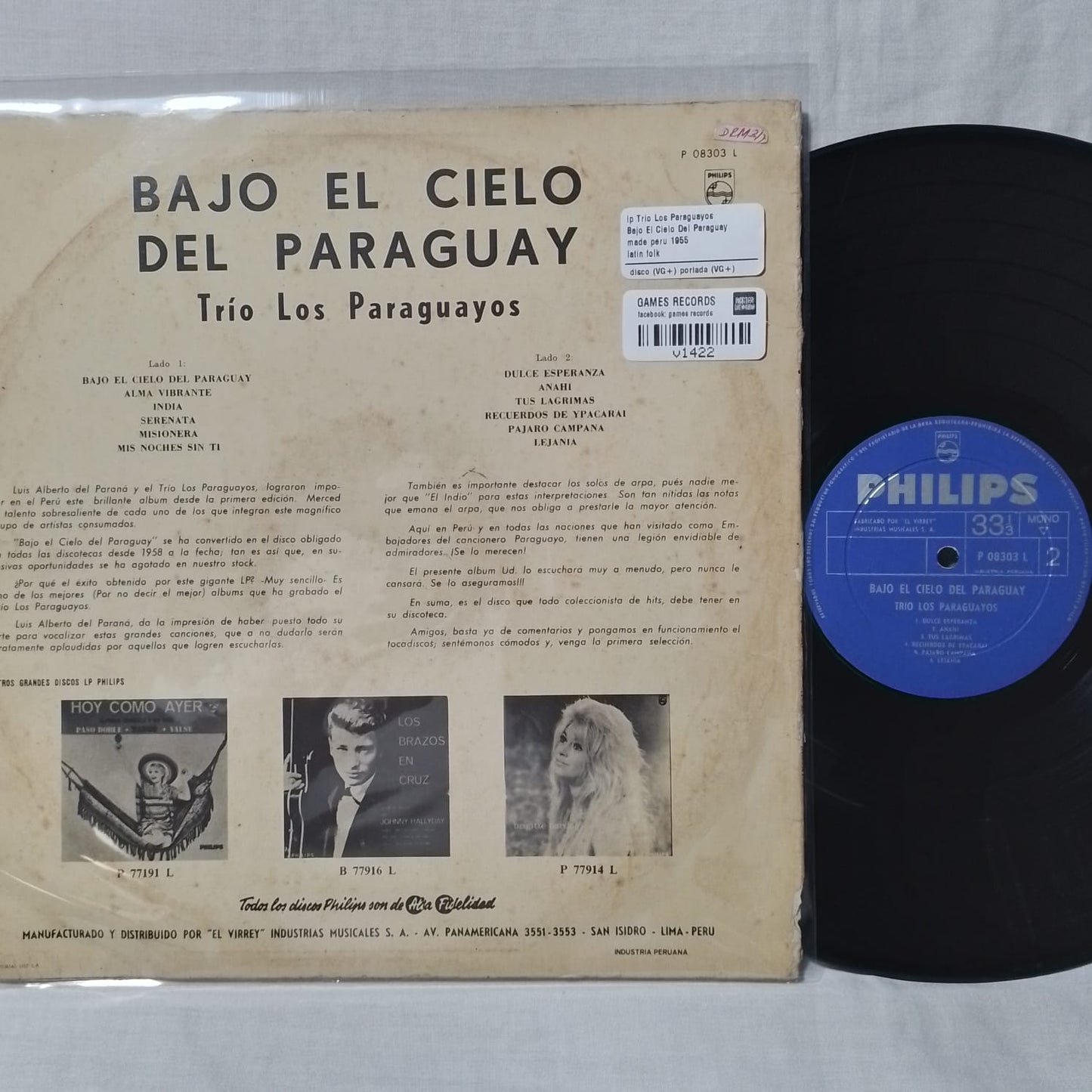 lp Trio Los Paraguayos Bajo El Cielo Del Paraguay made peru 1955 latin folk