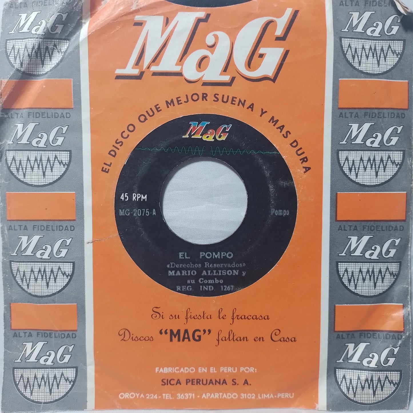 single 7" Mario Allison Y Su Combo El Pompo / la hija de lola made peru con funda original latin guaracha