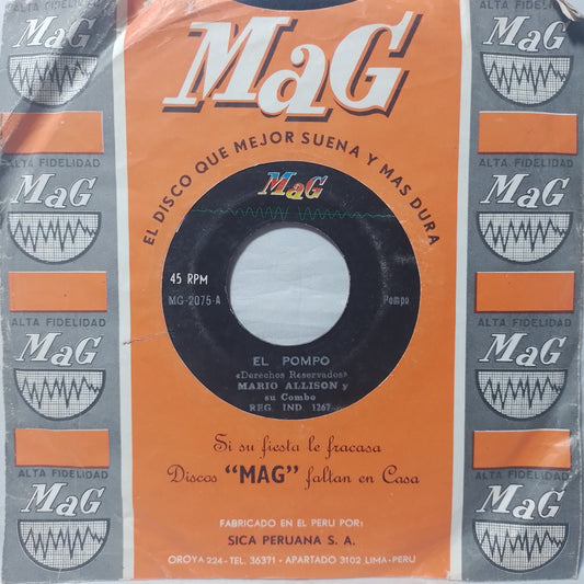 single 7" Mario Allison Y Su Combo El Pompo / la hija de lola made peru con funda original latin guaracha