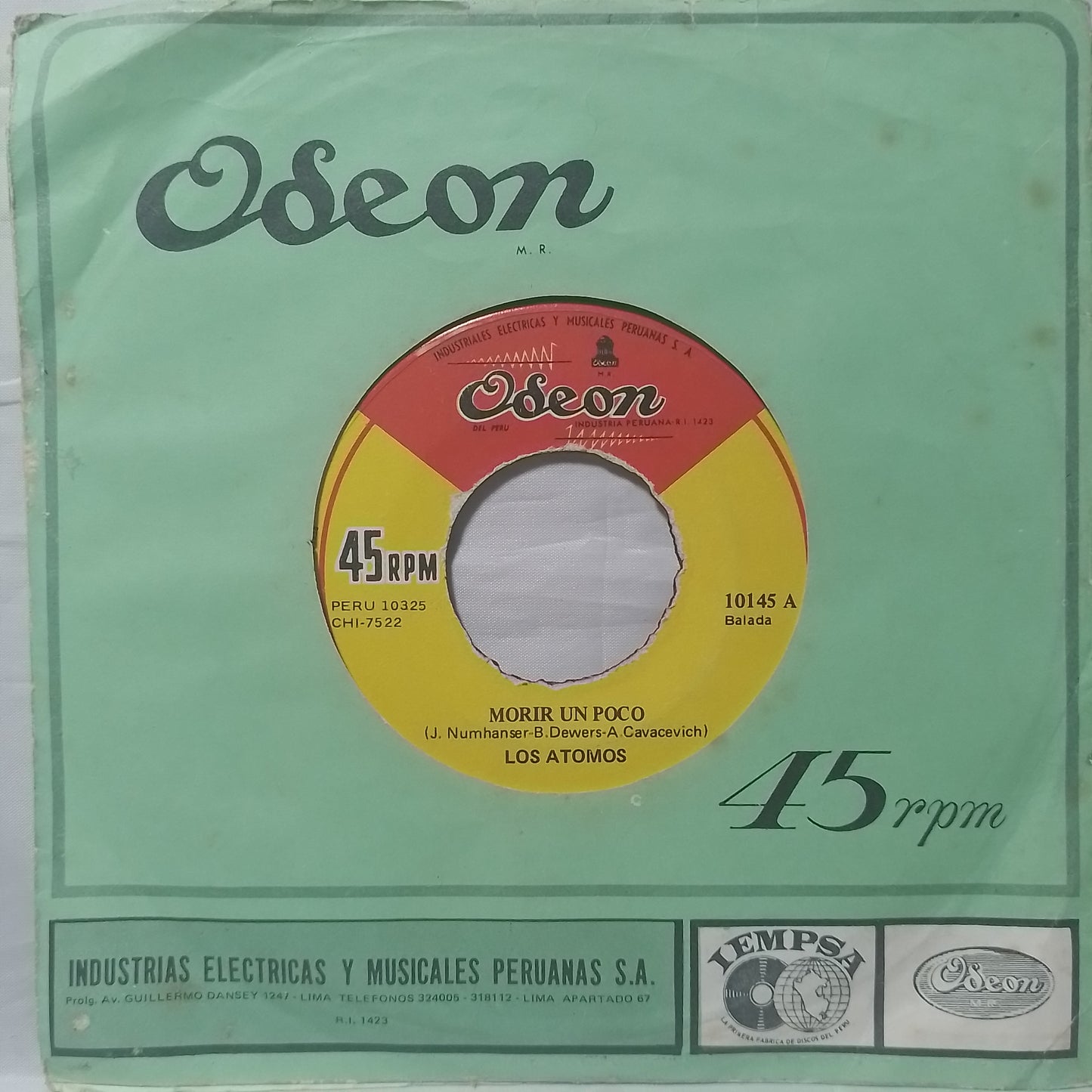 single 7" Los Atomos Morir Un Poco / Nadie made peru 1968 con funda original latin rock