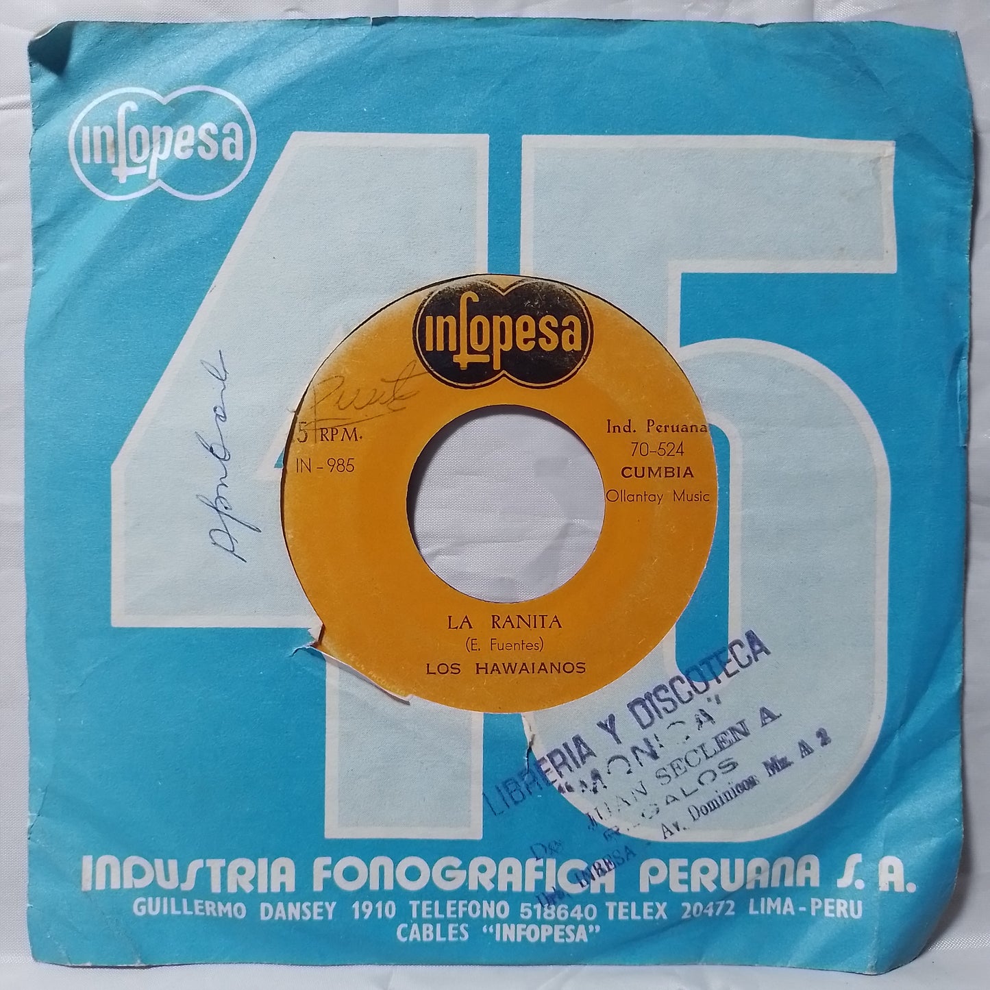 single 7" Los Hawaianos La Ranita made peru con funda original latin cumbia