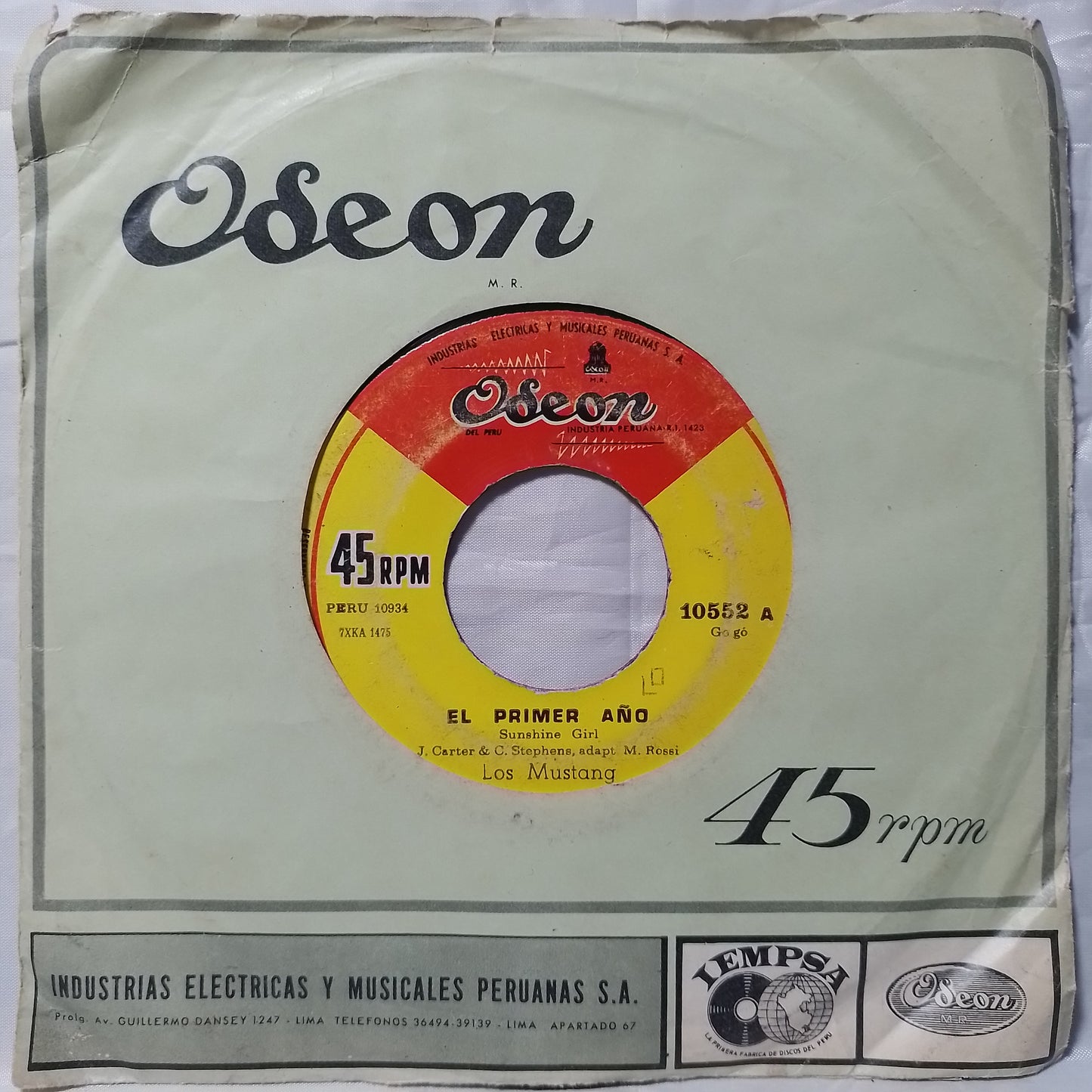 single 7" Los Mustang El Primer Año Tabatha Twitchit made peru 1968 con funda original latin rock