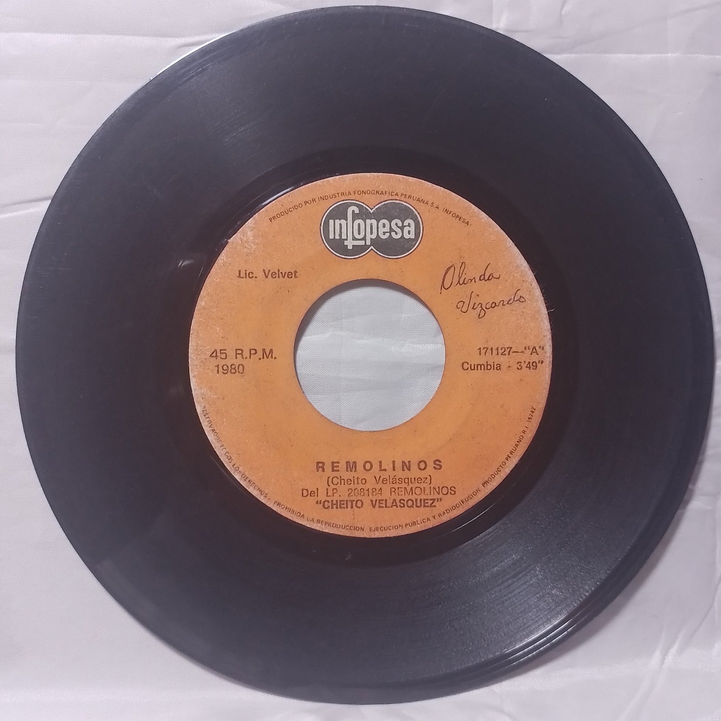 single 7" Cheito Velasquez Remolinos / Soberbias Y Celos made peru 1980 latin Cumbia