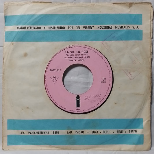 single 7" Grace Jones La Vie En Rose / La Vida Color De Rosa made peru 1978 con funda original soul disco