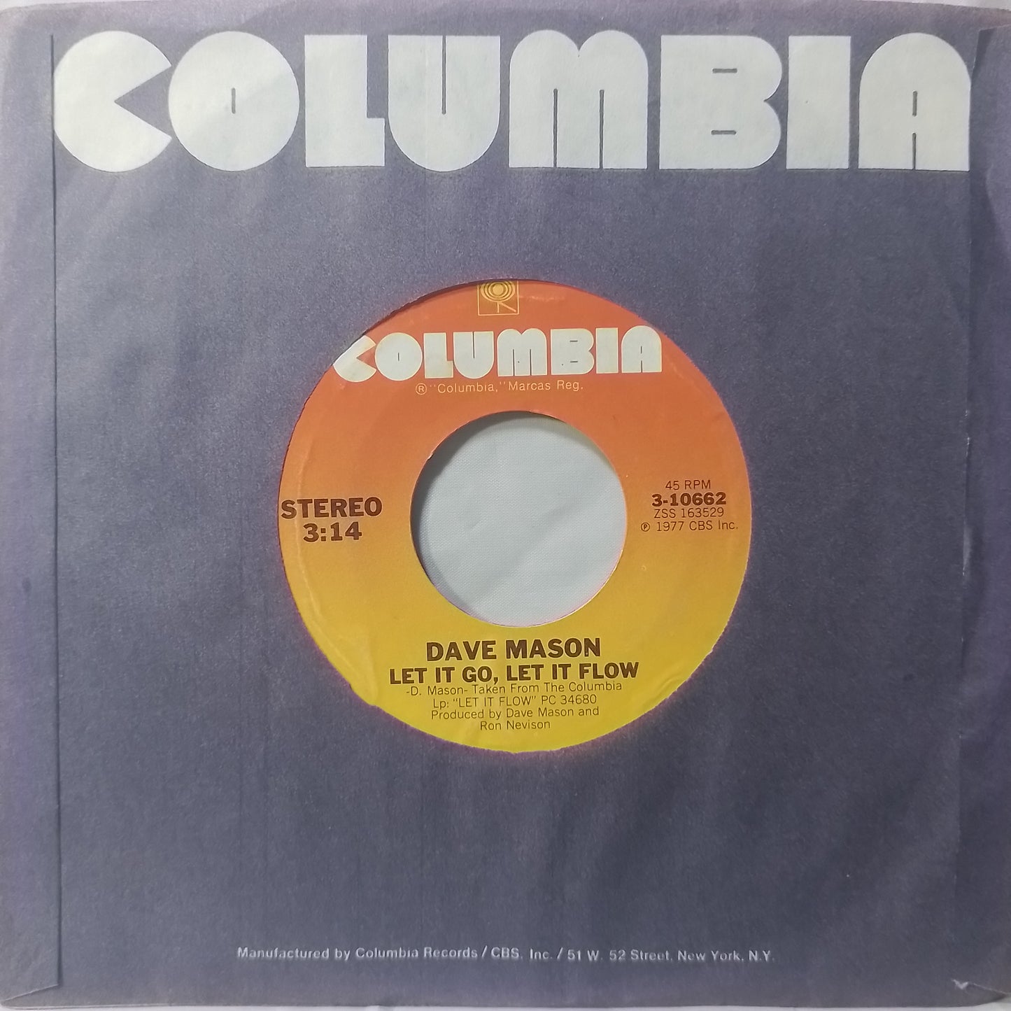 single 7" Dave Mason Let It Go Let It Flow / Takin' The Time To Find made usa 1977 con funda original rock