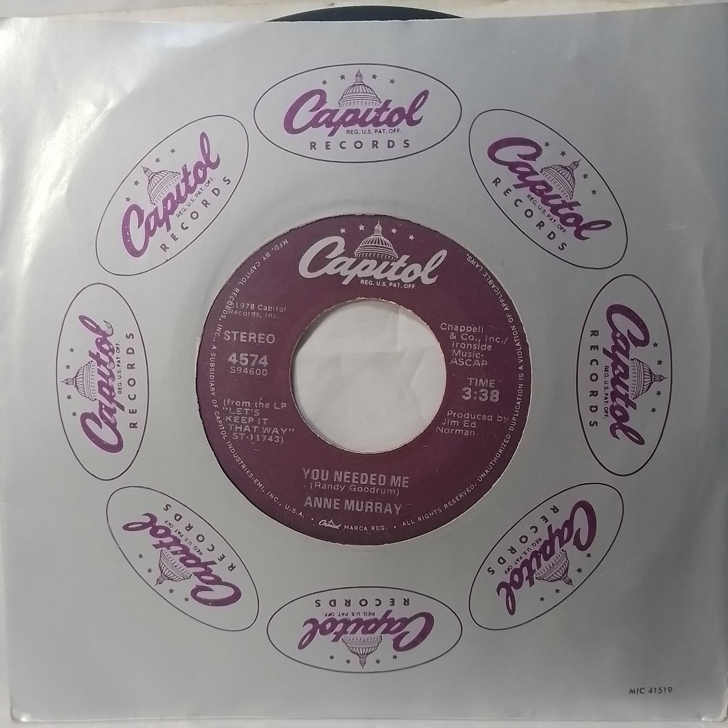 single 7" Anne Murray You Needed Me / I Still Wish The Very Best For You made usa 1978 con funda original pop