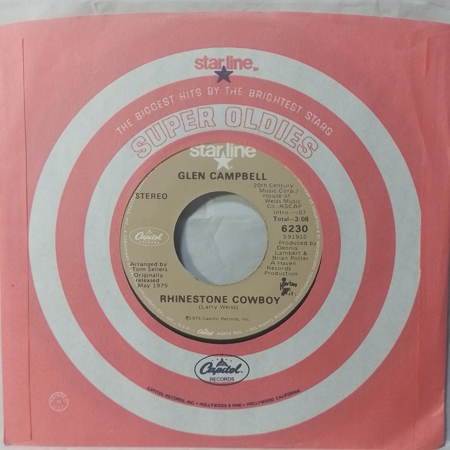 single 7" Glen Campbell Rhinestone Cowboy / Country Boy made usa 1975 con funda original folk country