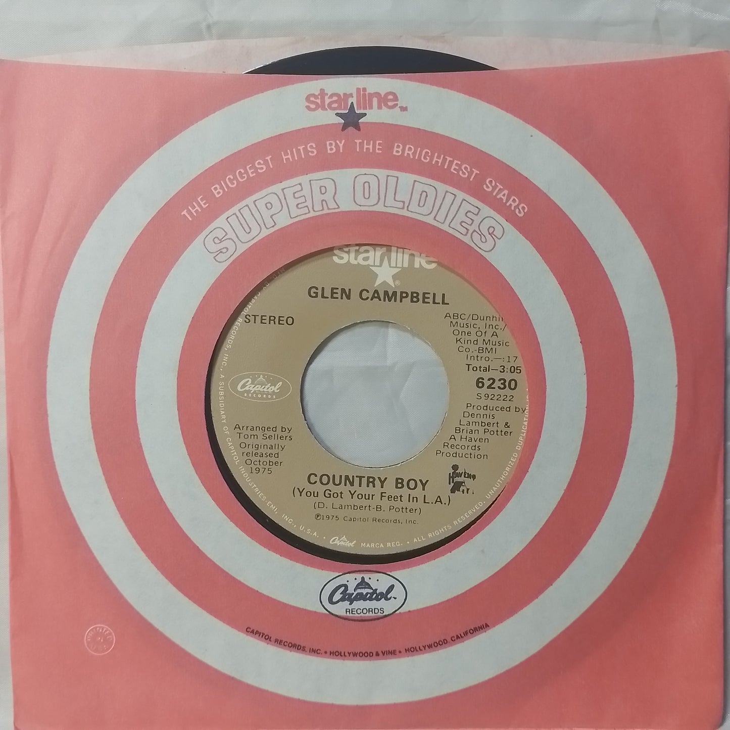 single 7" Glen Campbell Rhinestone Cowboy / Country Boy made usa 1975 con funda original folk country