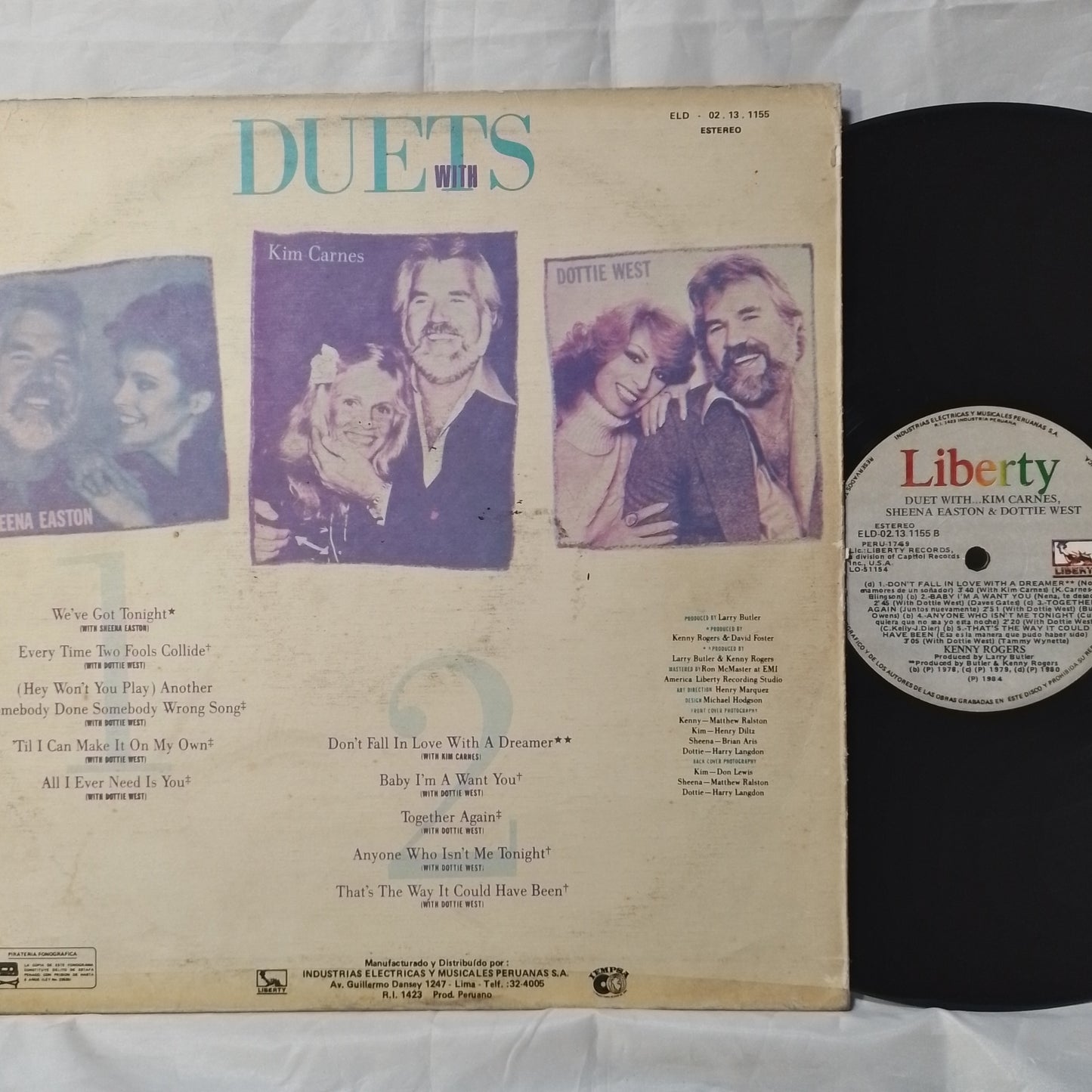 lp Kenny Rogers Duets Kim Carnes Sheena Easton Dottie West made peru 1984 ballad rock