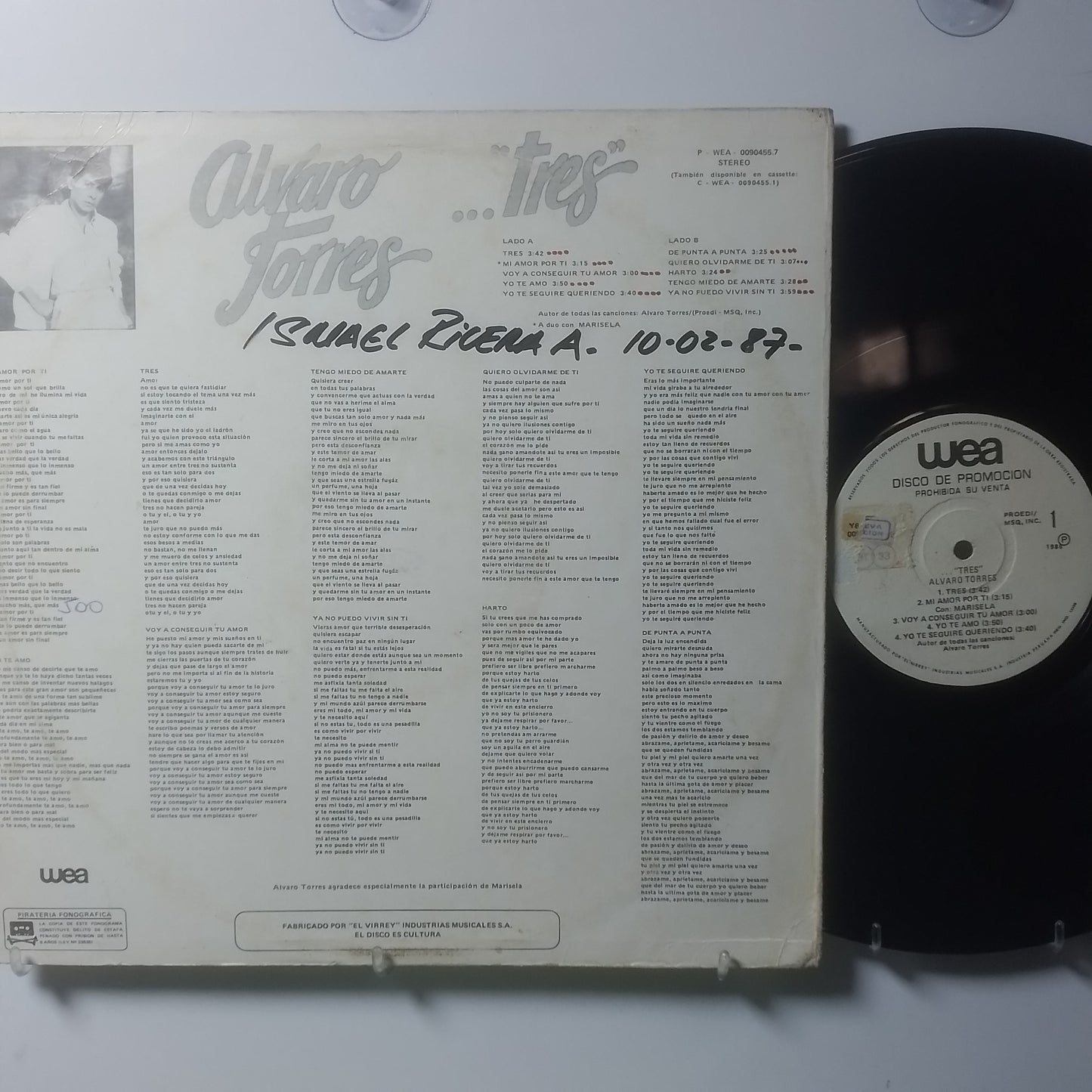 lp Alvaro Torres tres made peru 1986 promocional latin pop