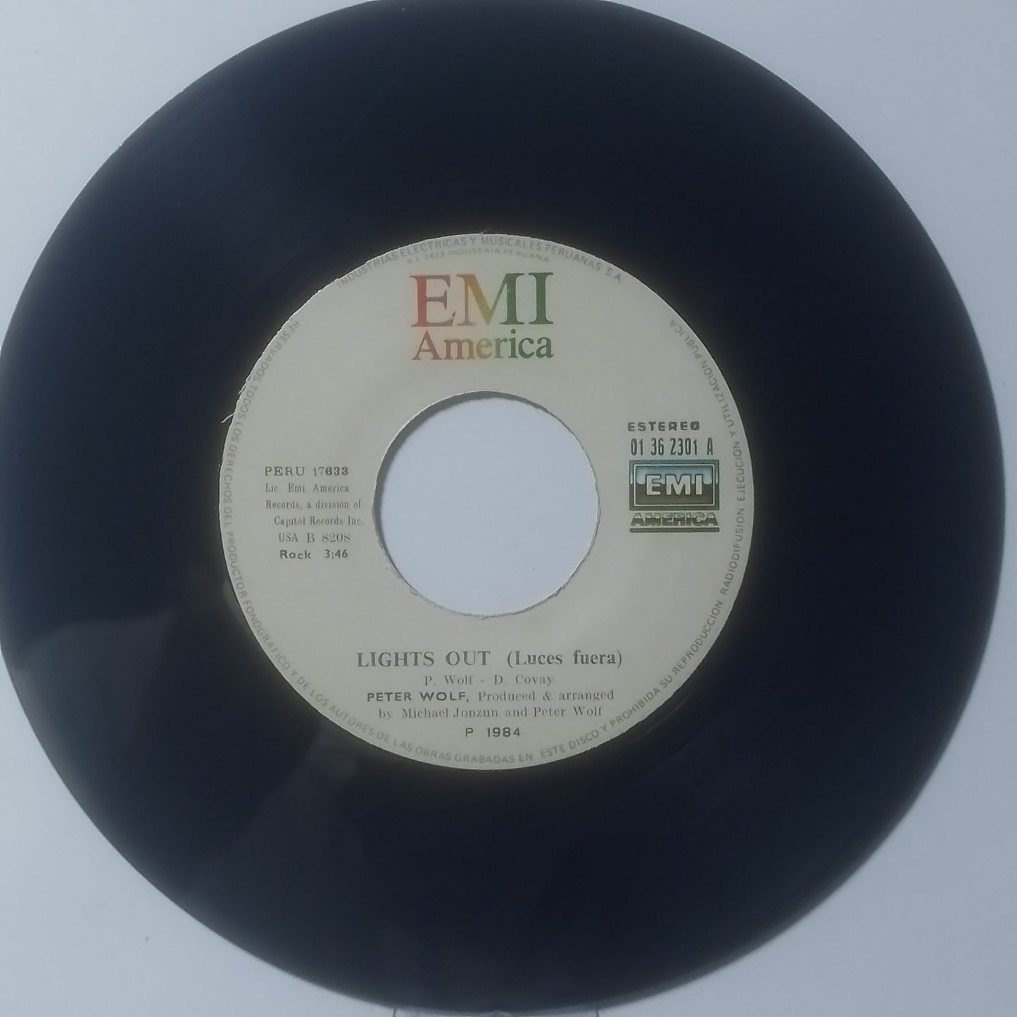 Single 7" Peter Wolf Lights Out / Poor Girl's Heart made Peru 1984 Electronic Rock