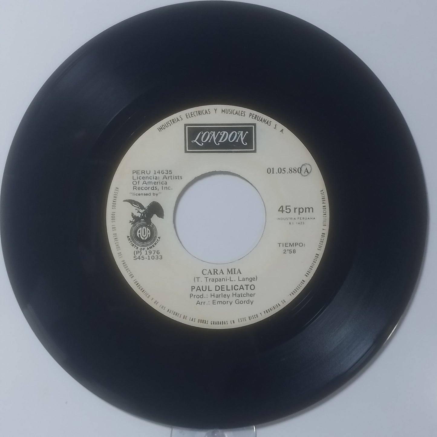 single 7" Paul Delicato Cara Mia / Aquellos Ojos Verdes made Peru 1977 pop