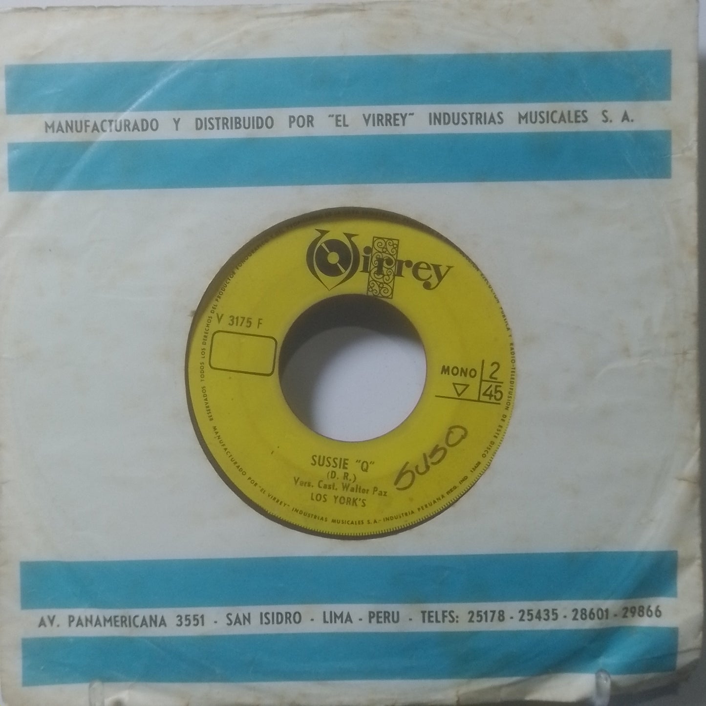 single 7" Los York's Te Amo / Sussie "Q" made Peru 1969 con funda original latin rock