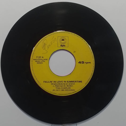 single 7" Tina Charles Fallin In Love In Summertime / Rendezvous made peru 1977 disco