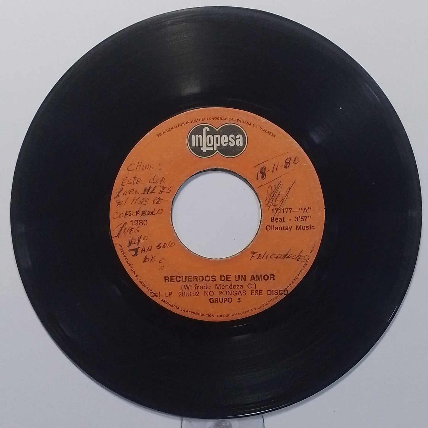single 7" Grupo 5 Recuerdos De Un Amor / He Venido A Pedirte Perdon made Peru 1981 latin rock