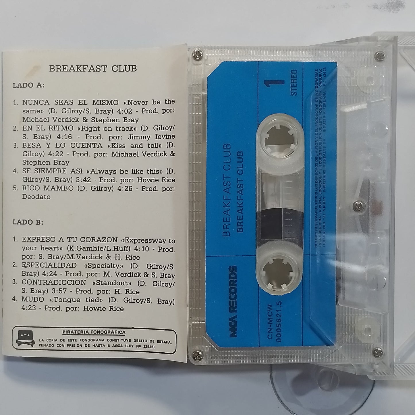 cassette Breakfast Club Breakfast Club made peru 1987 rock
