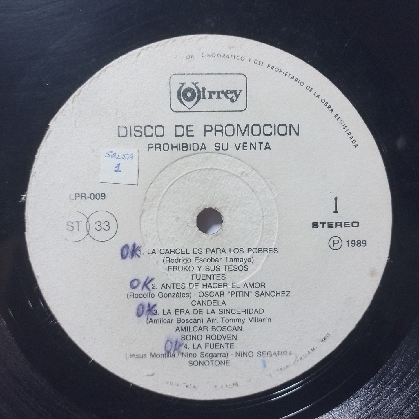 lp Disco De Promocion virrey LPR-009 joe arroyo dimencion latina oscar pitin sanchez varios made peru 1989promocional salsa merengue latin
