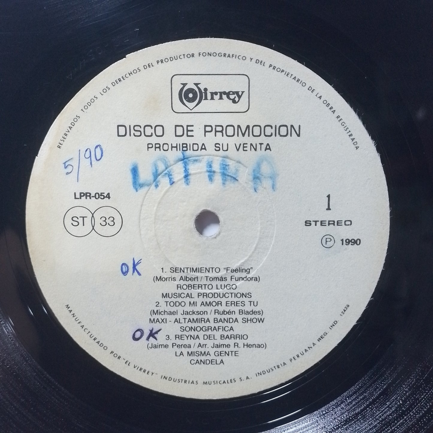 lp Disco De Promocion virrey LPR-054 roberto lugo chantelle junior gonzalez varios made peru 1991 promocional salsa merengue latin