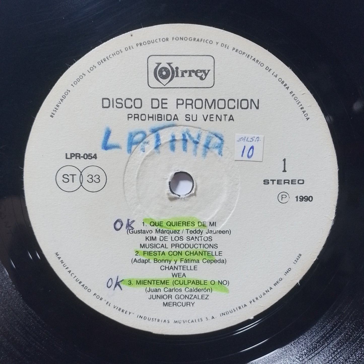 lp Disco De Promocion virrey LPR-054 roberto lugo chantelle junior gonzalez varios made peru 1991 promocional salsa merengue latin