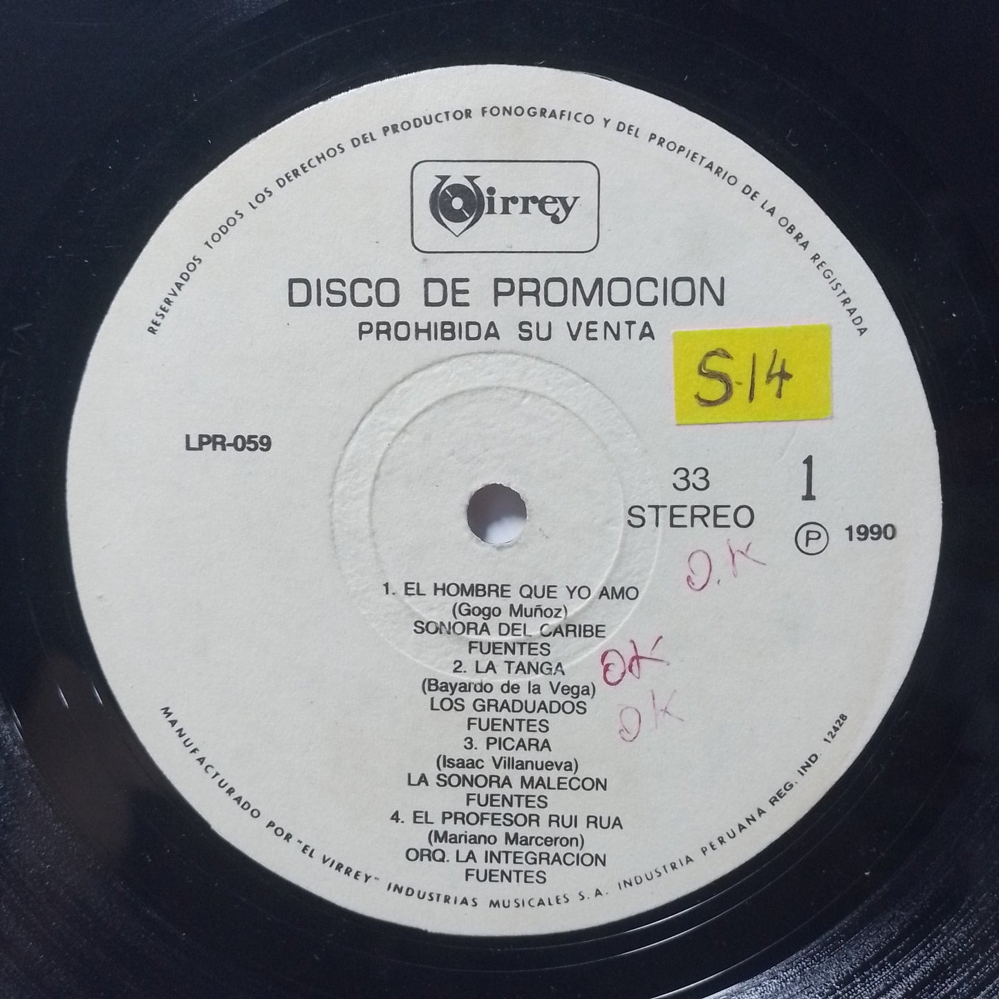lp Disco De Promocion virrey LPR-059 sonora del caribe los graduados lisandro meza varios made peru 1991 promocional salsa latin