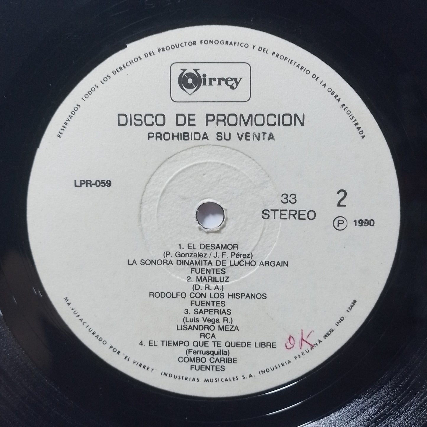 lp Disco De Promocion virrey LPR-059 sonora del caribe los graduados lisandro meza varios made peru 1991 promocional salsa latin