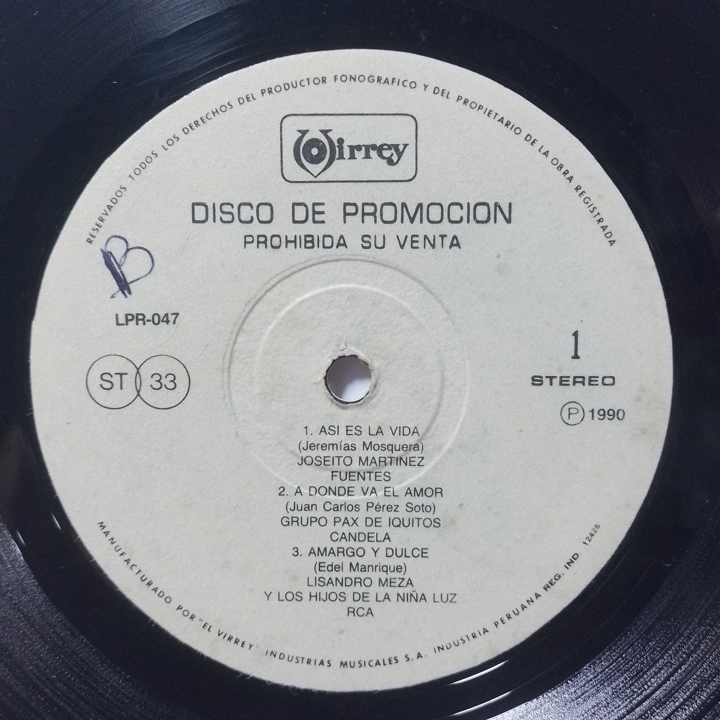 lp Disco De Promocion virrey LPR-047 sergio perez grupo pax iquitos joseito martinez varios made peru 1990 promocional latin salsa