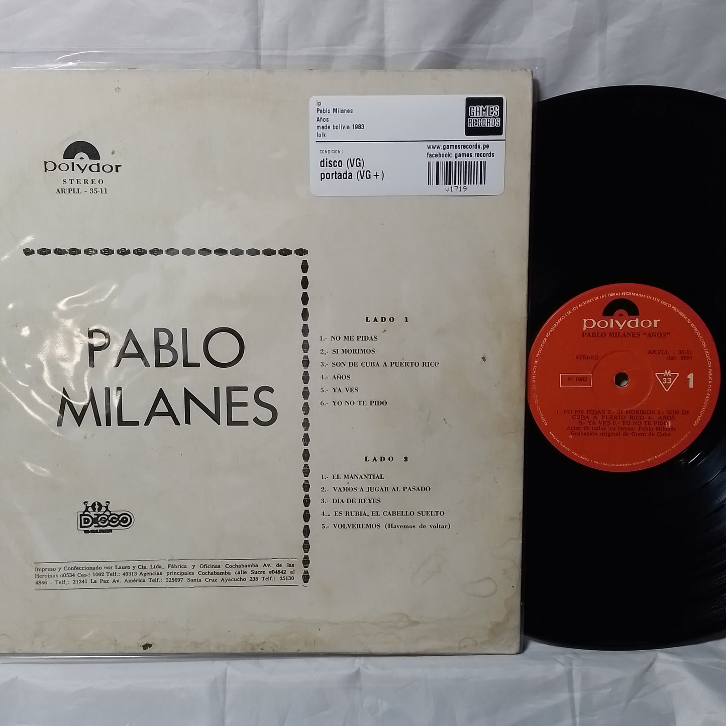 lp Pablo Milanes Años made bolivia 1983 folk