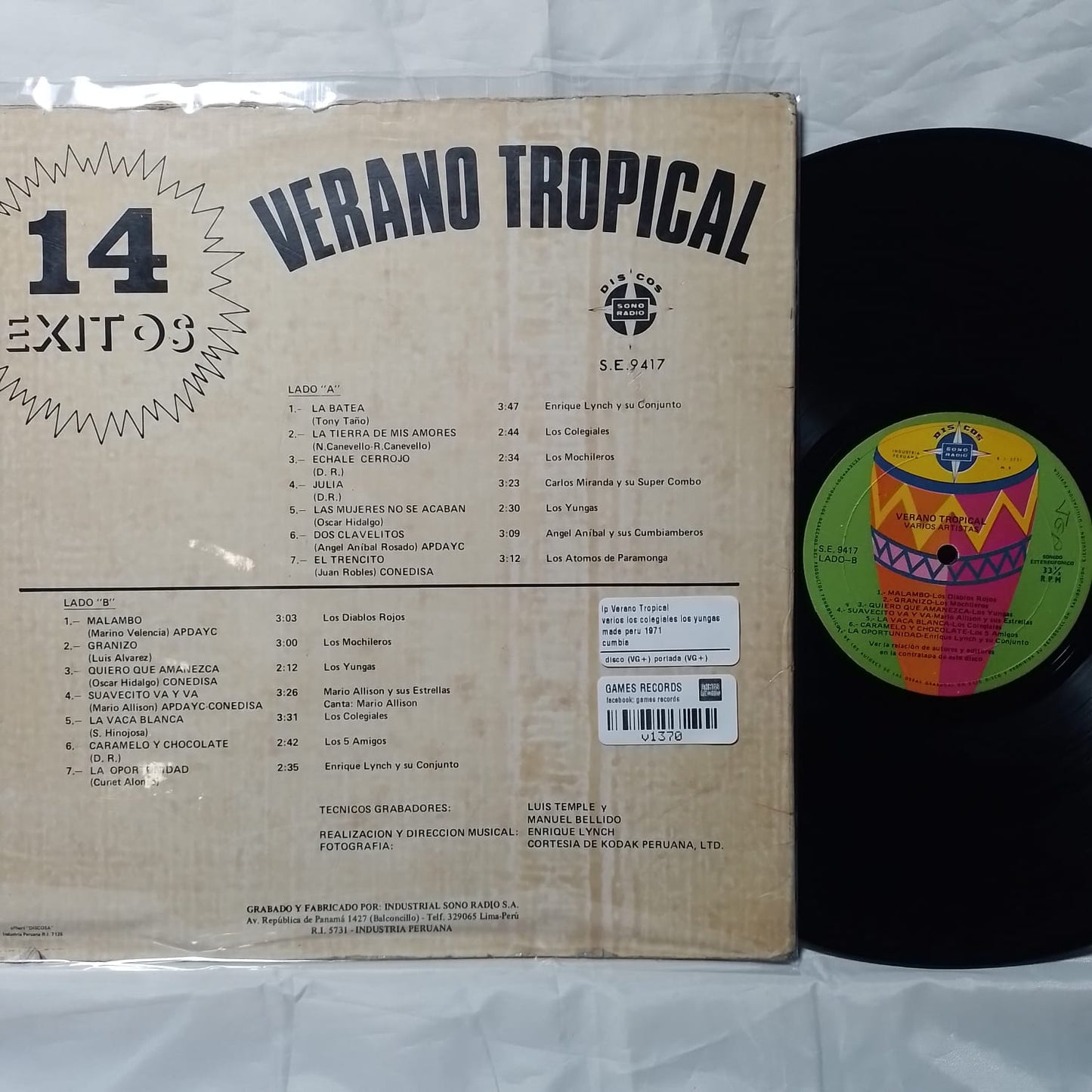 lp Verano Tropical varios los colegiales los yungas condicion vg++ made peru 1971 cumbia