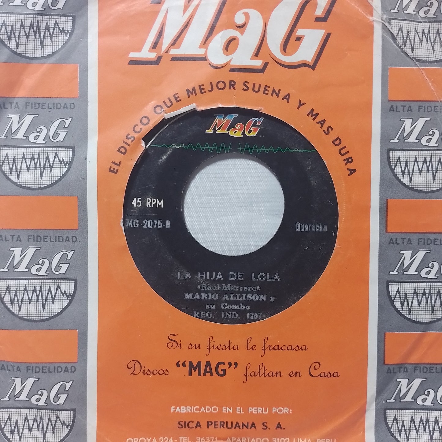 single 7" Mario Allison Y Su Combo El Pompo / la hija de lola made peru con funda original latin guaracha