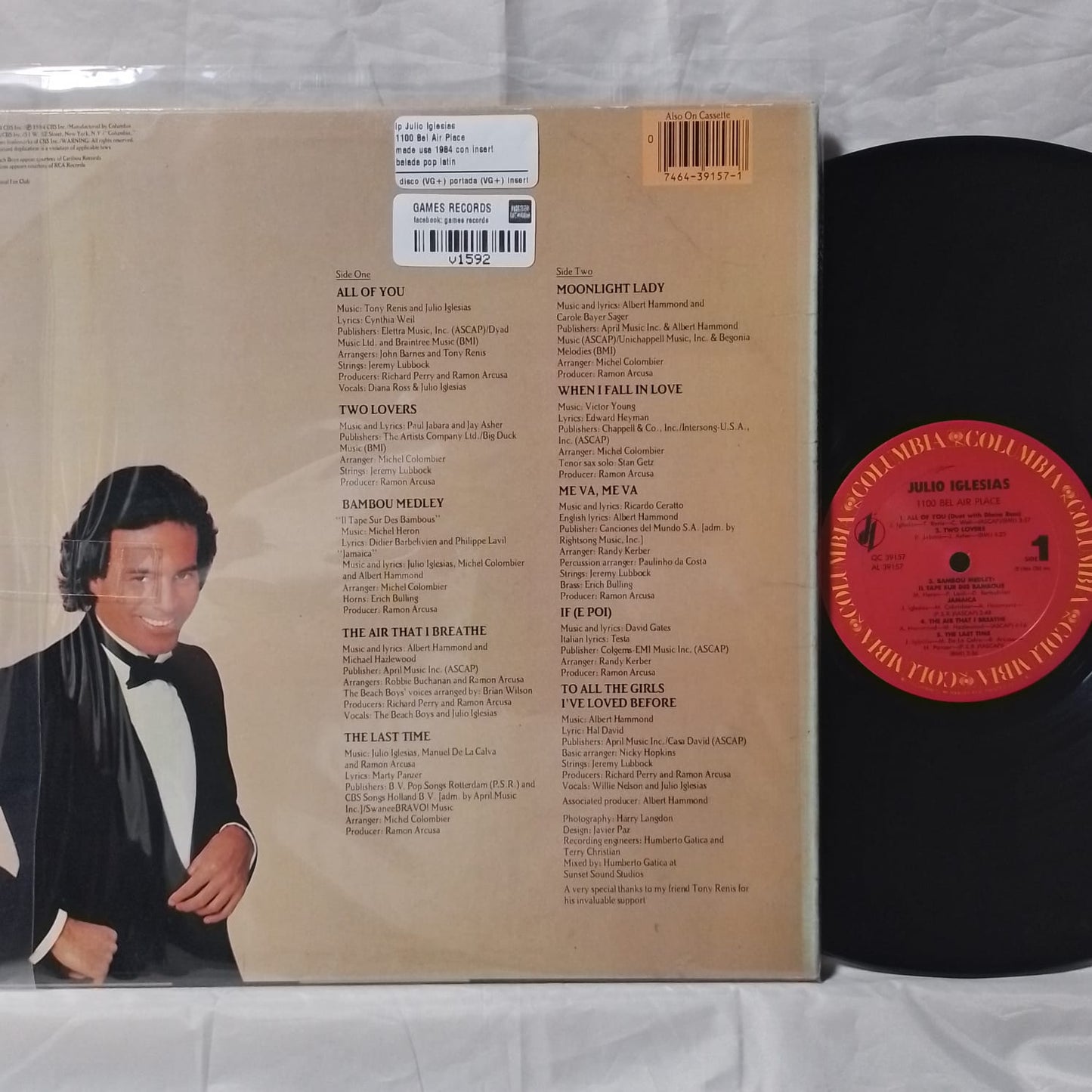 lp Julio Iglesias 1100 Bel Air Place made usa 1984 con insert balada pop latin