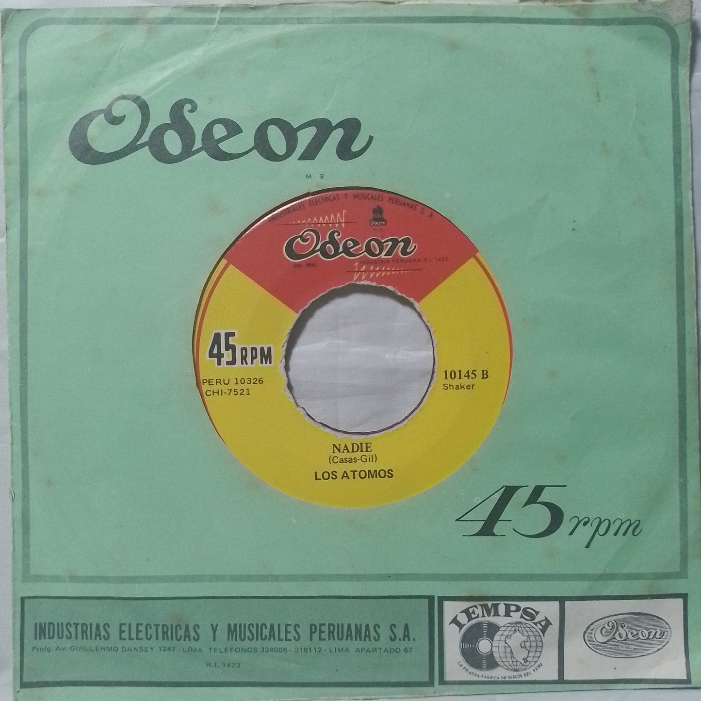 single 7" Los Atomos Morir Un Poco / Nadie made peru 1968 con funda original latin rock