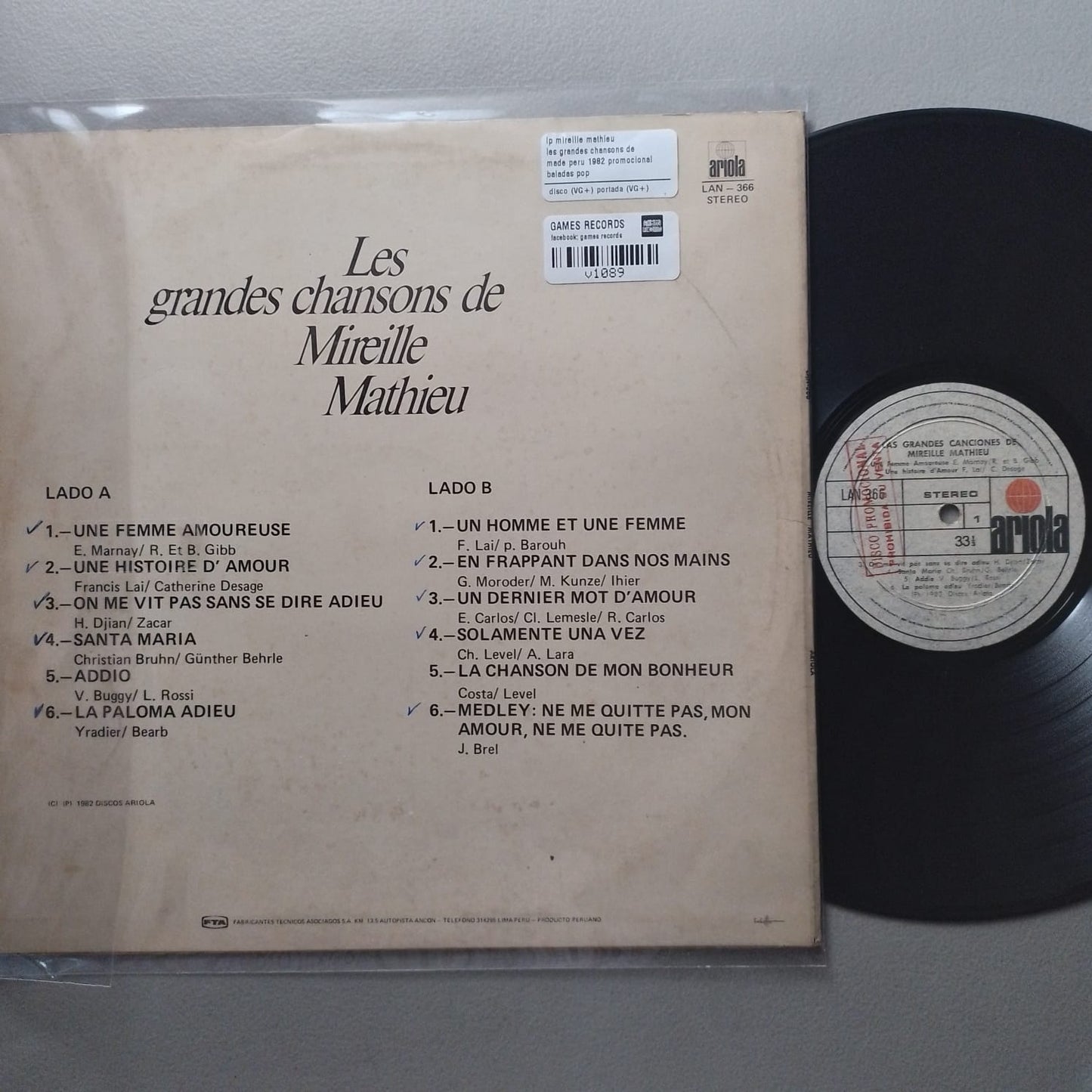 lp mireille mathieu les grandes chansons de made peru 1982 promocional baladas pop