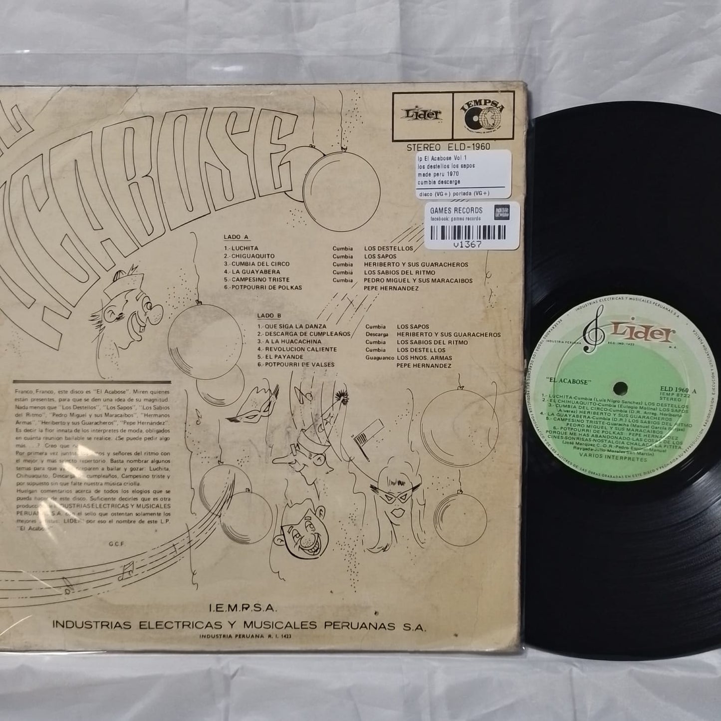 lp El Acabose Vol 1 los destellos los sapos condicion vg++ made peru 1970 cumbia descarga