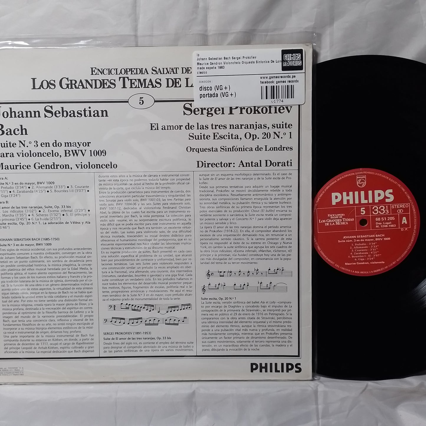 lp Johann Sebastian Bach Sergei Prokofiev Maurice Gendron Violonchelo Orquesta Sinfonica De Londres made españa 1983 clasico