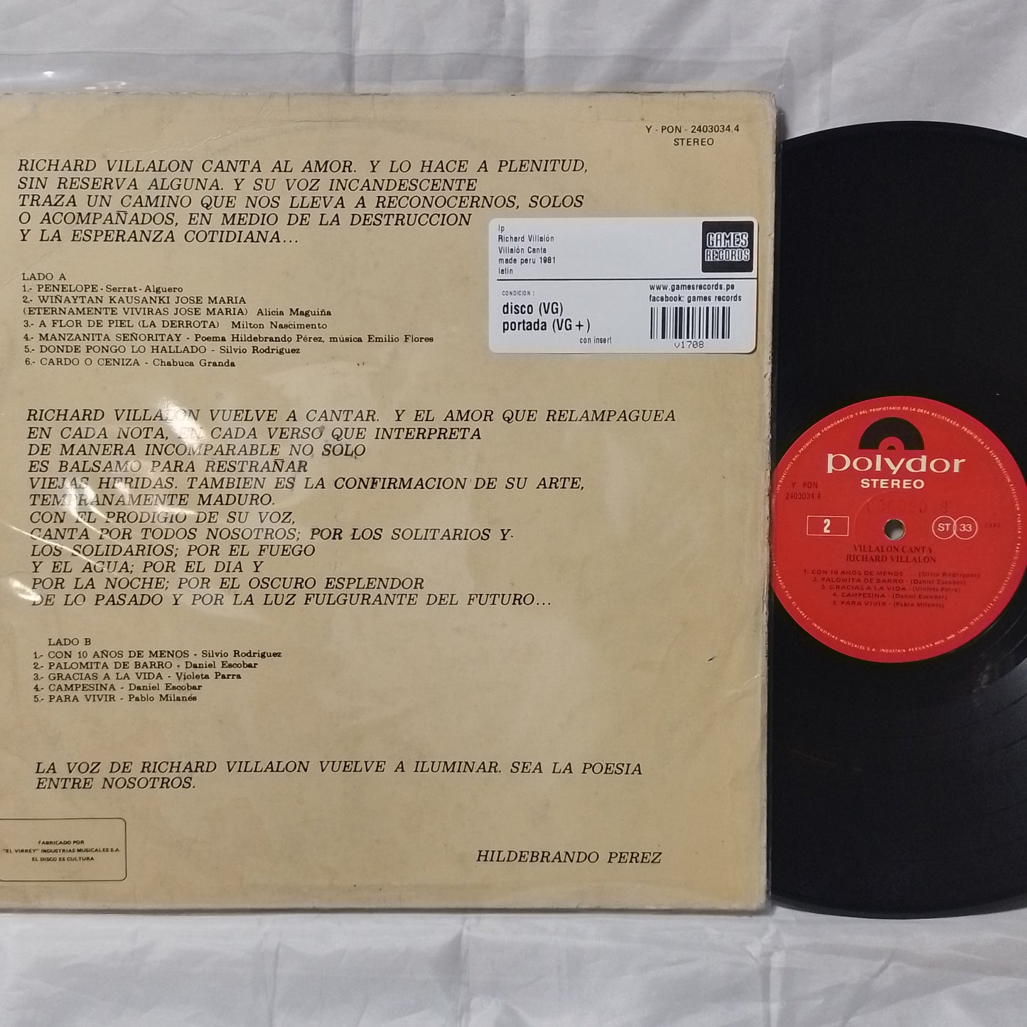 lp Richard Villalón Villalón Canta made peru 1981 con insert latin